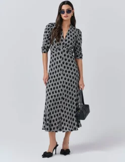 Crepe Floral V-Neck Midi Tea Dress
