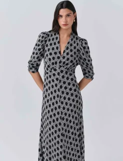 Crepe Floral V-Neck Midi Tea Dress