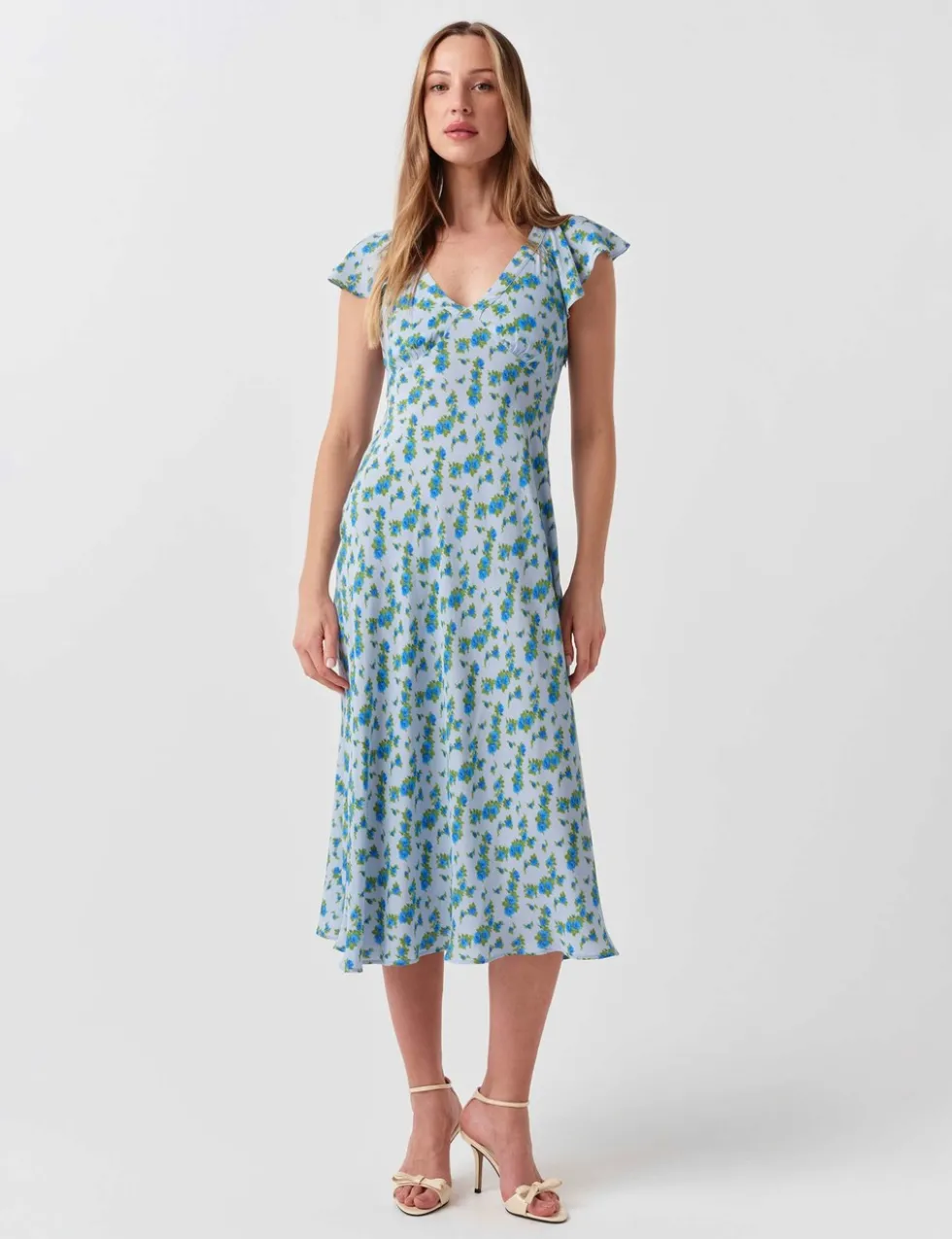 Crepe Floral V-Neck Midi Tea Dress