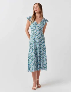 Crepe Floral V-Neck Midi Tea Dress