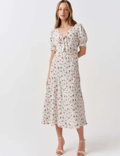 Crepe Floral V-Neck Midi Tea Dress