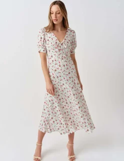 Crepe Floral V-Neck Midi Tea Dress