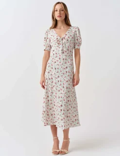 Crepe Floral V-Neck Midi Tea Dress