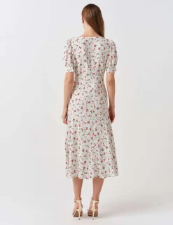 Crepe Floral V-Neck Midi Tea Dress