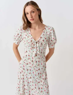 Crepe Floral V-Neck Midi Tea Dress