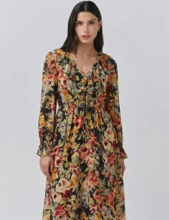 Crepe Floral V-Neck Midi Tea Dress