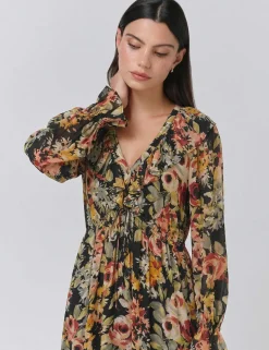 Crepe Floral V-Neck Midi Tea Dress