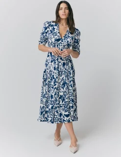Crepe Floral V-Neck Midi Tea Dress