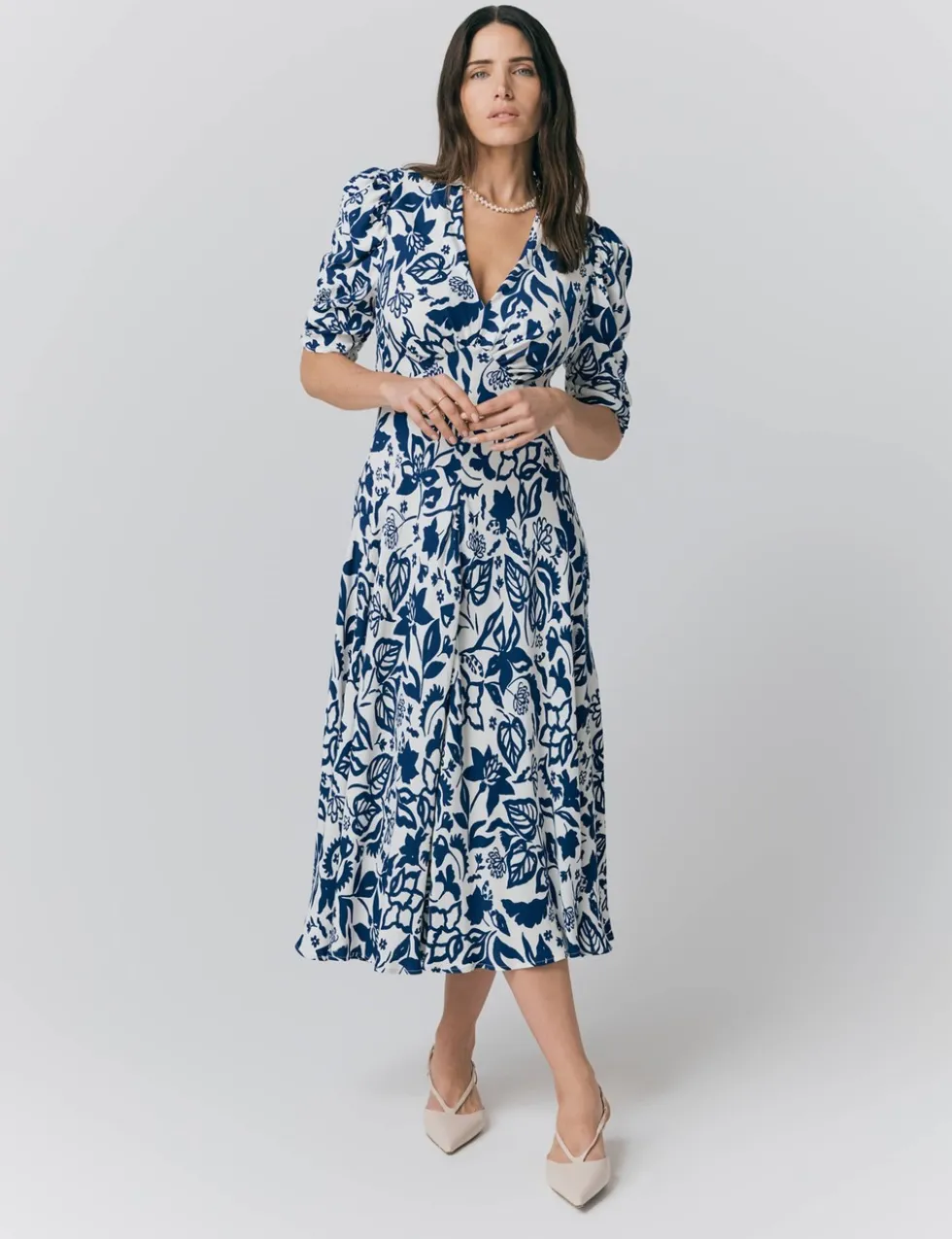 Crepe Floral V-Neck Midi Tea Dress