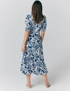 Crepe Floral V-Neck Midi Tea Dress