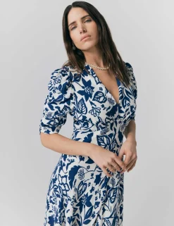 Crepe Floral V-Neck Midi Tea Dress