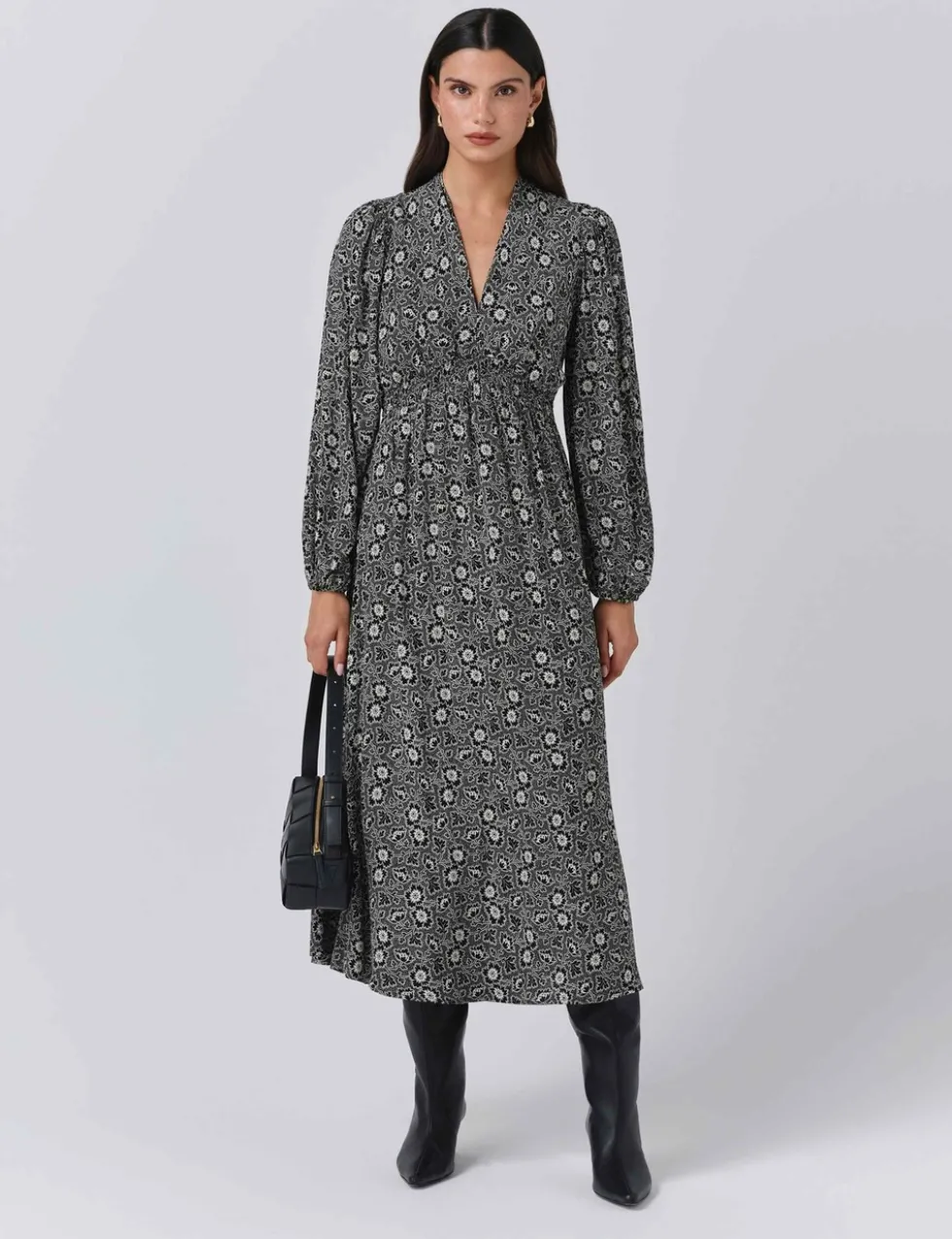 Crepe Floral V-Neck Midi Waisted Dress