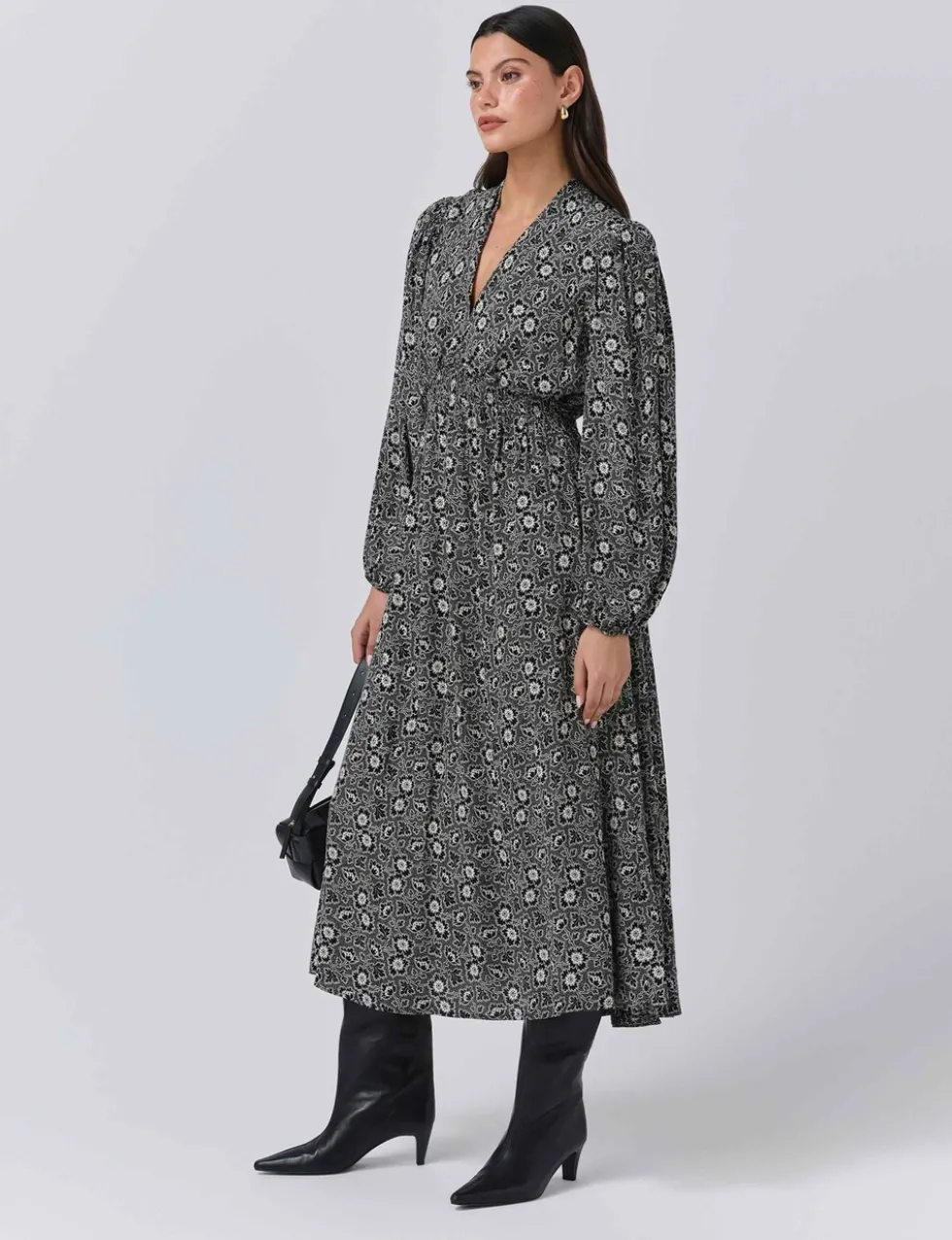 Crepe Floral V-Neck Midi Waisted Dress