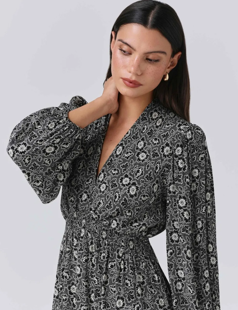 Crepe Floral V-Neck Midi Waisted Dress