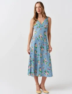 Crepe Floral V-Neck Pintuck Midi Tea Dress