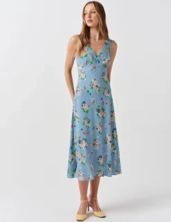 Crepe Floral V-Neck Pintuck Midi Tea Dress