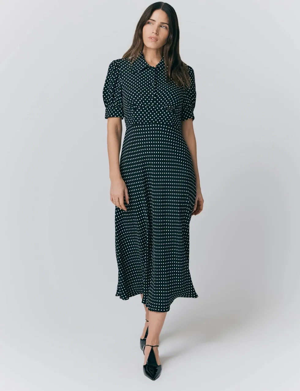 Crepe Polka Dot Midi Tea Dress