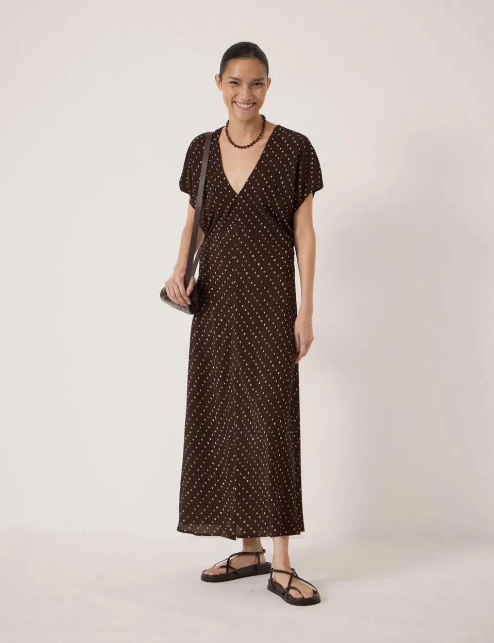 Crepe Polka Dot V-Neck Maxi Tea Dress