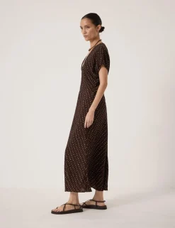 Crepe Polka Dot V-Neck Maxi Tea Dress