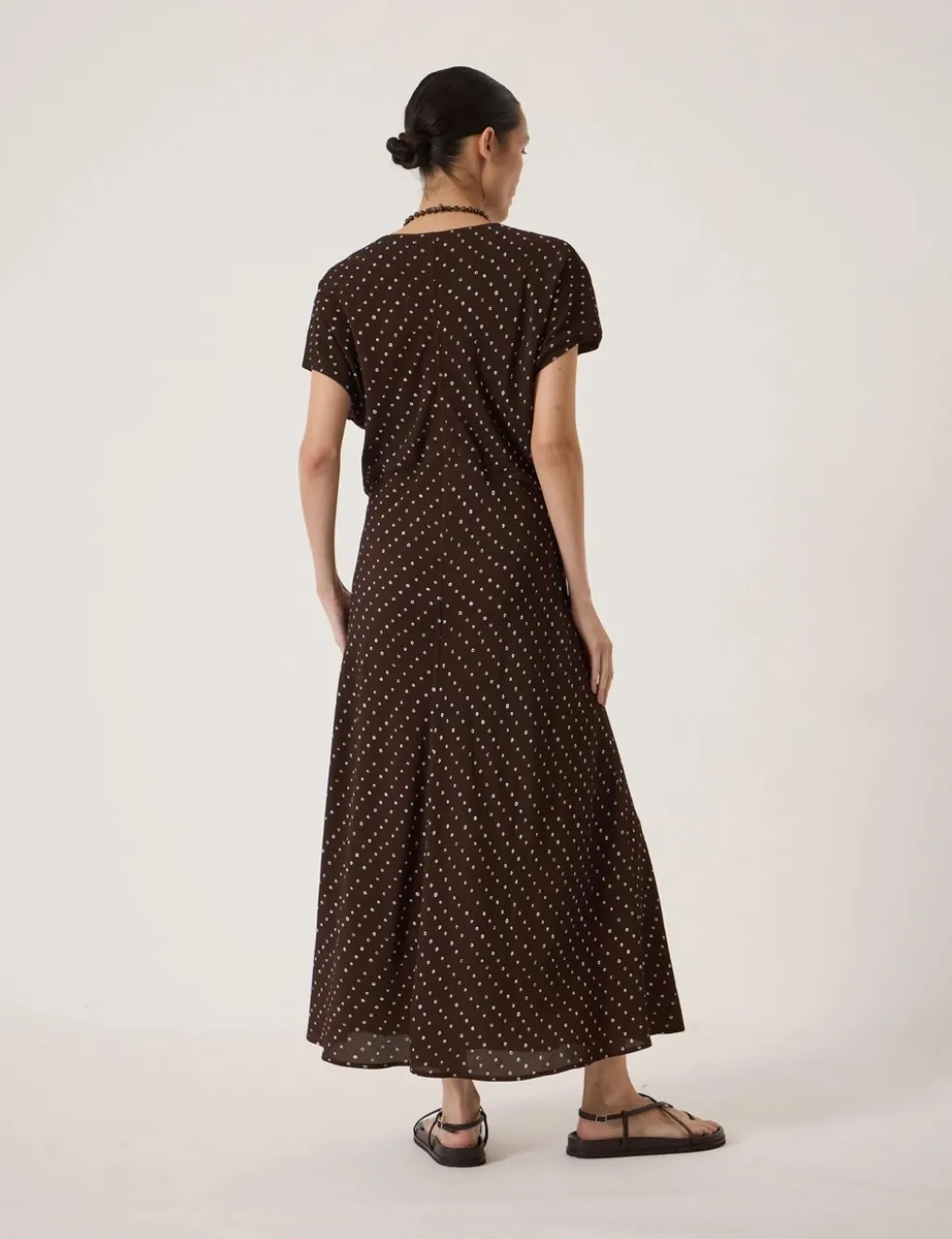 Crepe Polka Dot V-Neck Maxi Tea Dress