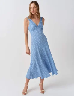 Crepe Polka Dot V-Neck Midi Tea Dress