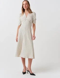 Crepe Polka Dot V-Neck Midi Tea Dress