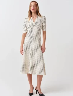 Crepe Polka Dot V-Neck Midi Tea Dress