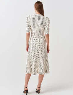 Crepe Polka Dot V-Neck Midi Tea Dress