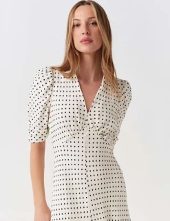 Crepe Polka Dot V-Neck Midi Tea Dress