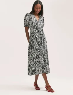 Crepe Printed V-Neck Belted Midi Tea Dress