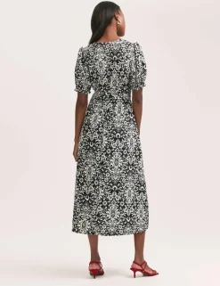 Crepe Printed V-Neck Belted Midi Tea Dress
