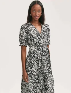 Crepe Printed V-Neck Belted Midi Tea Dress