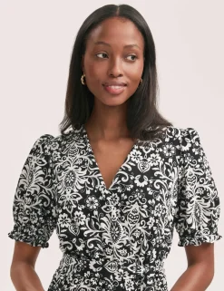 Crepe Printed V-Neck Belted Midi Tea Dress