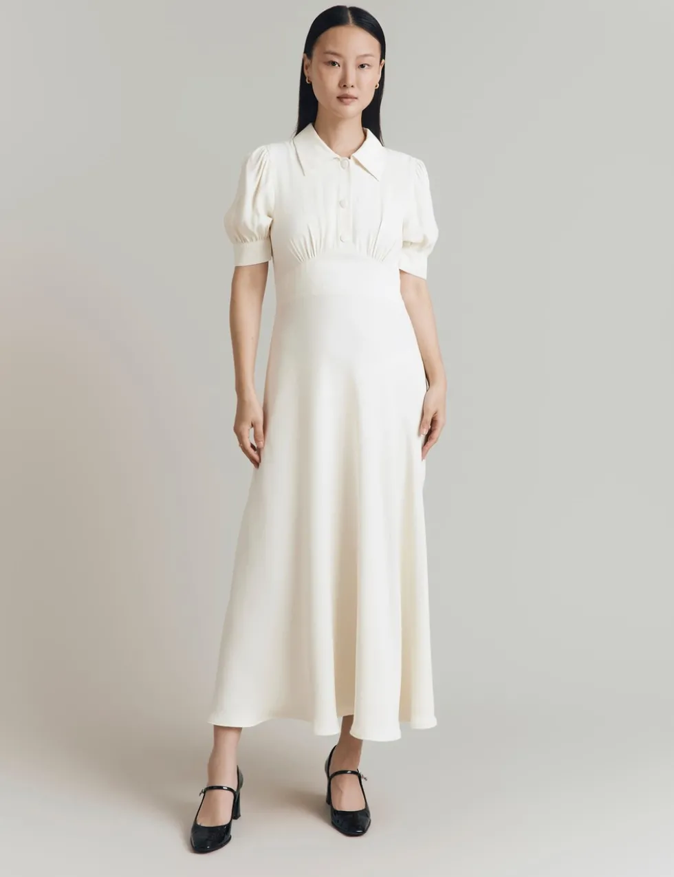Crepe Puff Sleeve Midi Tea Dress