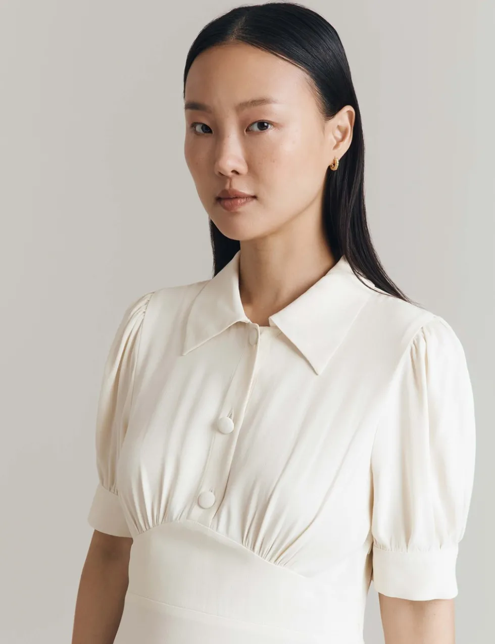 Crepe Puff Sleeve Midi Tea Dress