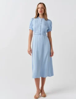 Crepe Round Neck Midi Waisted Tea Dress