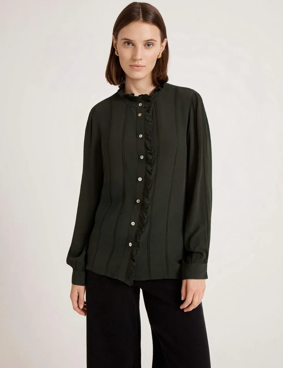 Crepe Round Neck Ruffle Blouse