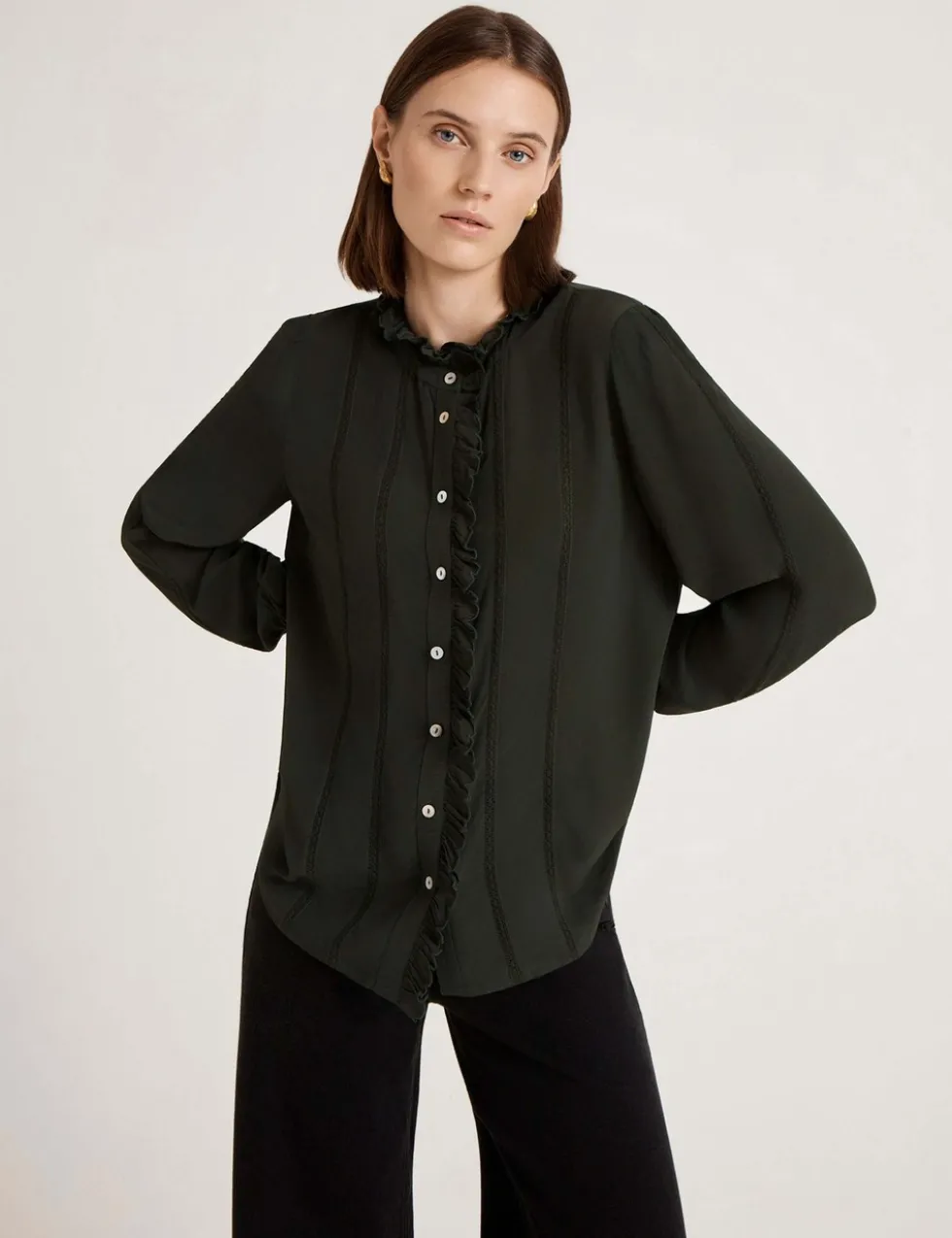 Crepe Round Neck Ruffle Blouse