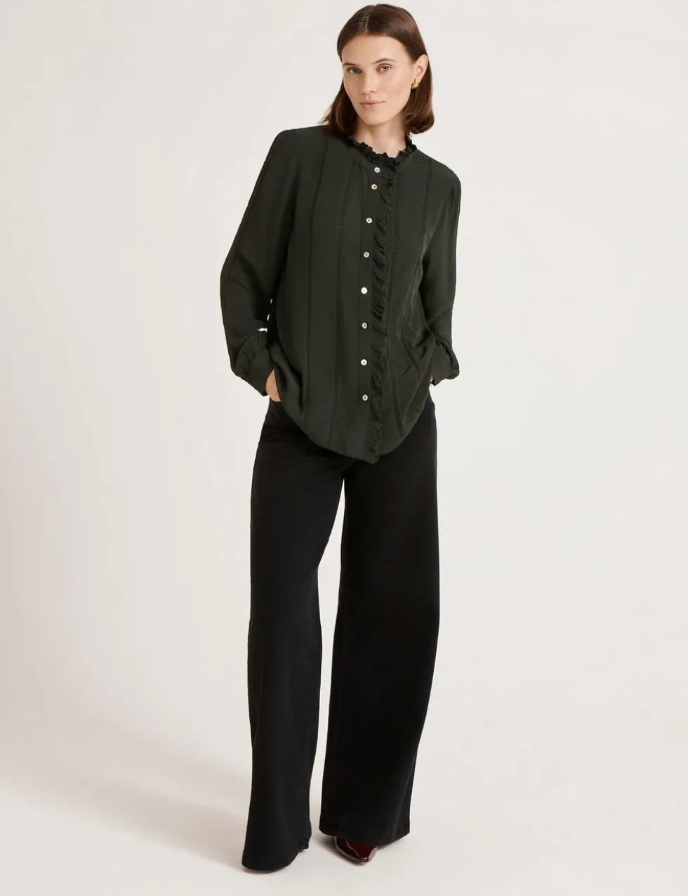 Crepe Round Neck Ruffle Blouse