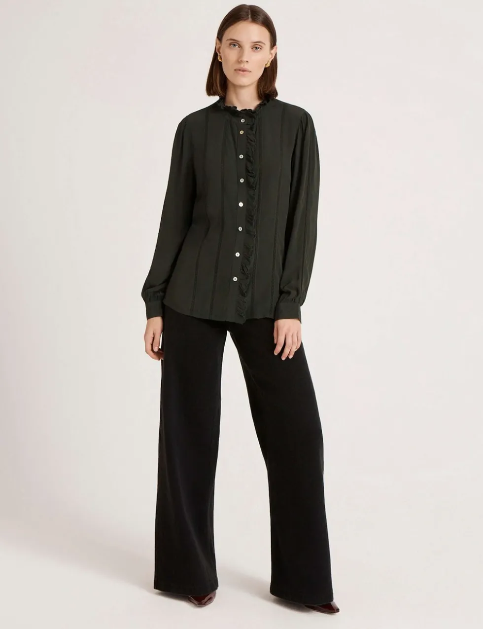 Crepe Round Neck Ruffle Blouse
