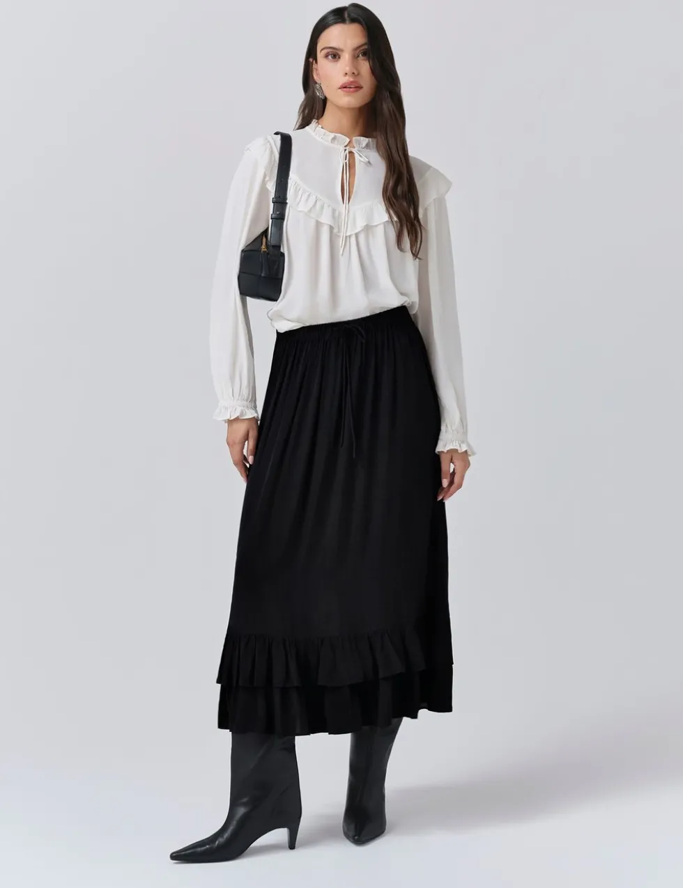 Crepe Ruffle Midi Tiered Skirt