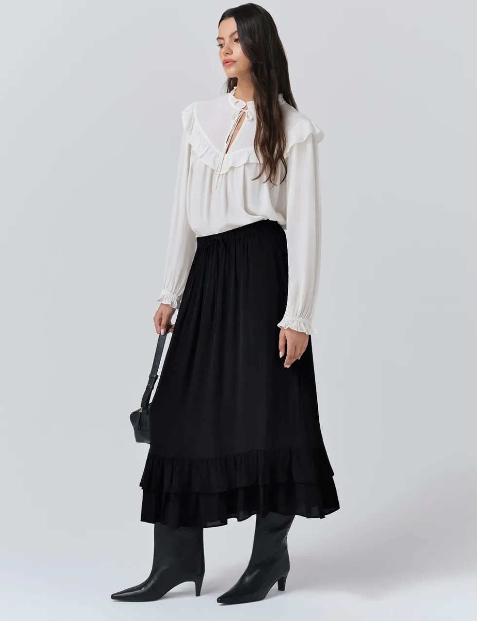 Crepe Ruffle Midi Tiered Skirt
