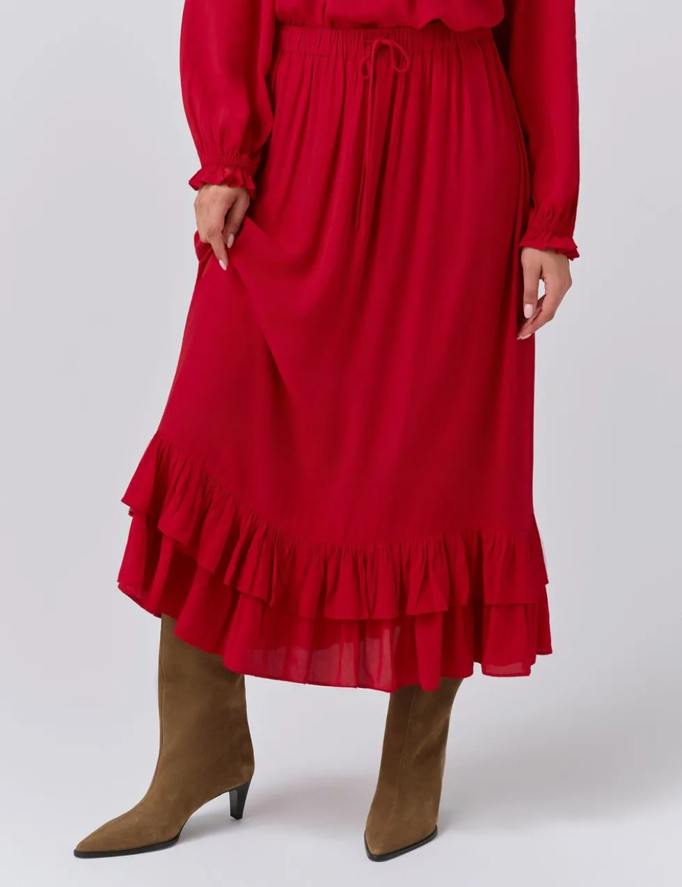 Crepe Ruffle Midi Tiered Skirt
