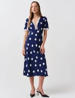 Crepe Spot Lace V-Neck Midi Tea Dress