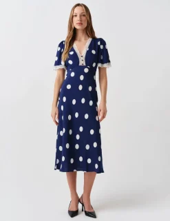 Crepe Spot Lace V-Neck Midi Tea Dress