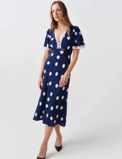 Crepe Spot Lace V-Neck Midi Tea Dress