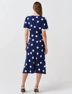 Crepe Spot Lace V-Neck Midi Tea Dress