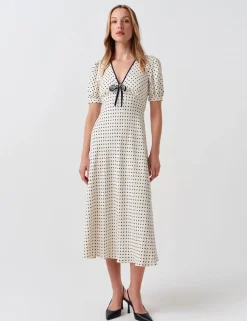 Crepe Spot Print V-Neck Midi Dress