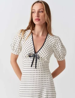 Crepe Spot Print V-Neck Midi Dress