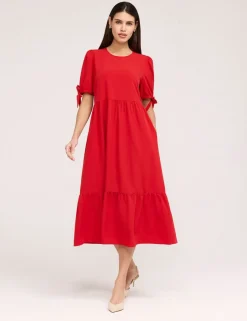 Crepe Tie Detail Tiered Midi Dress